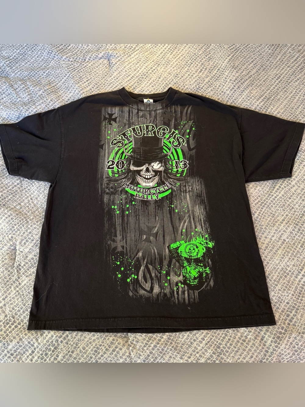 Alstyle Black Sturgis T-Shirt with Neon Green Skull Motorcycle Rally
